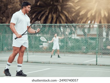 Tennis, man and celebration for winning game, competition or match outdoor at sports court. Success, player or athlete cheers with racket for goal achievement, victory and excited champion fist pump - Powered by Shutterstock