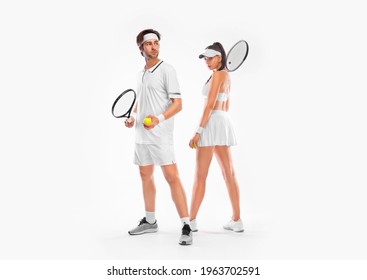 Tennis mixed doubles match. Couple of two tennis players with racket in white costume. Man and woman athlete playing isolated on light background. - Powered by Shutterstock