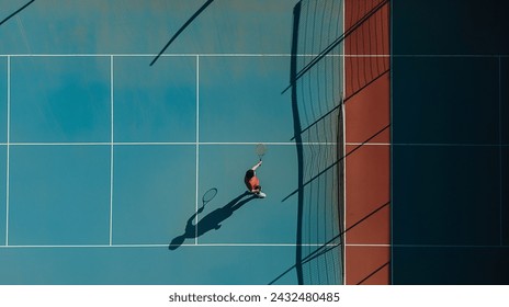 Tennis player in action, Athlete in Motion, High-Energy Tennis Match, Dynamic overhead shot of a tennis player mid-swing on a vibrant blue court