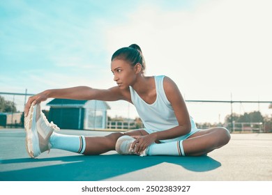 Tennis player, girl and stretching for fitness on court with leg warm up, getting ready and match practice. Sport, lens flare and athlete with foot exercise for competition, routine and game workout - Powered by Shutterstock