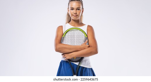 Tennis player. Girl teenager athlete with racket isolated on white background. Download photo for advertising in sports magazines about tennis and sports. - Powered by Shutterstock