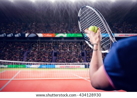 Tennis player holding a racquet ready to serve against facing view of net on tennis field