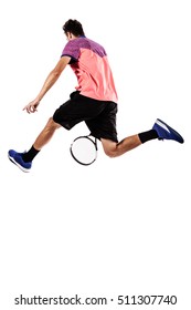 Tennis Player Jumping For The Ball From Behind Isolated On White Background