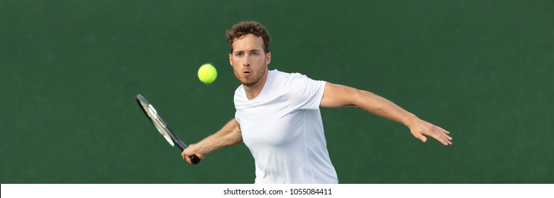 Tennis player man banner hitting ball with racket on green horizontal copy space background. Sports athlete training forehand grip technique on outdoor court. - Powered by Shutterstock