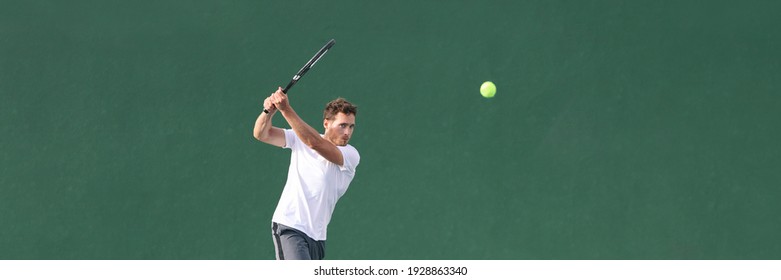 Tennis player man playing hitting ball with racket on green horizontal banner background. Sports athlete training grip technique on outdoor court.