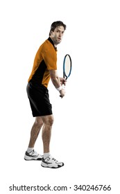 Tennis Player With A Orange Shirt, Playing On A White Background.