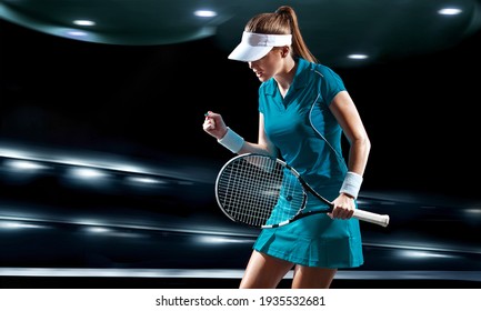 Tennis player with racket. Woman athlete celebrating victory on grand arena background after good play. - Powered by Shutterstock