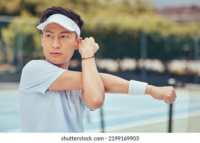 Tennis Player Stretching Before Game On Court, Training For Professional Sports Competition And Motivation For Fitness Sport Performance During Workout. Asian Athlete At Start Of Match In Stadium