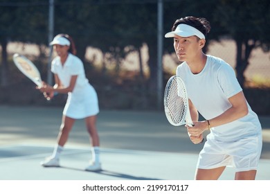 Tennis player team training for sports competition on court, teamwork for motivation in sport goal and action in collaboration event. Healthy athlete ready to play a game or match in partnership - Powered by Shutterstock