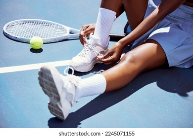 Tennis player woman, shoelace and ready for game, training or exercise sneakers in development, sports or focus. Sport expert, girl athlete and professional shoes with tennis ball, racket and goals - Powered by Shutterstock