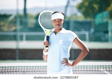 Tennis, portrait and serious black woman on court ready for match, game or competition. Fitness, sports racket and young, proud or confident female athlete from Nigeria preparing for training workout - Powered by Shutterstock