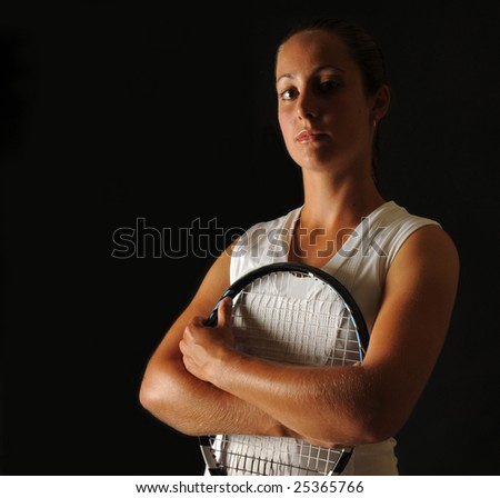 Similar – Close up front upper body portrait of one middle age athletic woman in sportswear in gym over dark background, looking at camera and smiling