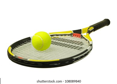 A tennis racket with  tennis ball on a white background