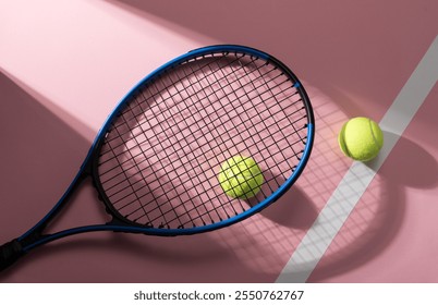 Tennis racket and balls on a pink court floor, sports equipment and training concept - Powered by Shutterstock