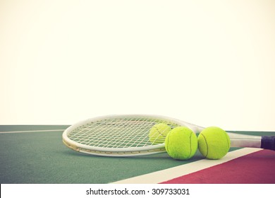 tennis racket and balls on white background vintage color