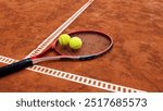 tennis racket with two balls on clay court