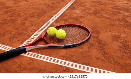 tennis racket with two balls on clay court - Powered by Shutterstock