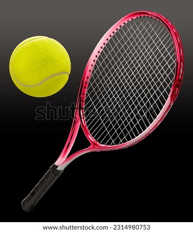 Tennis racket and Yellow Tennis ball sports equipment isolated black background With work path.