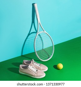 Tennis Rackets Ball On Bluegreen Background Stock Photo 1371330977 ...