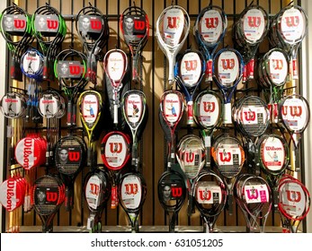 Tennis rackets for sale in the sports retail. Bangkok, Thailand January 24,2017