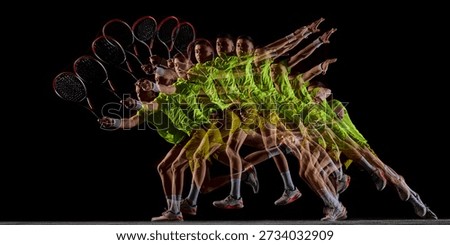 Tennis serve motion sequence in stroboscopic action on black background. Concept of explosive power, serve mechanics, kinetic energy, performance analysis, and professional tennis training.