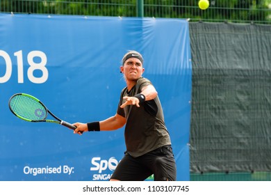 Tennis - Singapore ITF Men's Futures - SGP F2 (Men), Collin Altamirano In Action During The Match Played, Taken On 26 May 2018 At Kallang Tennis Centre, Singapore.