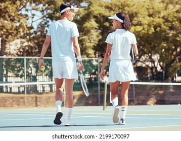 Tennis, sport and teamwork with friends walking on a sports court outside in summer. Fitness, exercise and training with a man and woman ready for a workout, game or match for health and lifestyle - Powered by Shutterstock