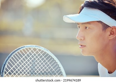 Tennis, Sports And Exercise Focus Of A Asian Man Athlete In A Sport, Training Or Fitness Game. Player From Japan With A Competitive Mindset Feeling Healthy, Strong And Ready To Start A Workout Match