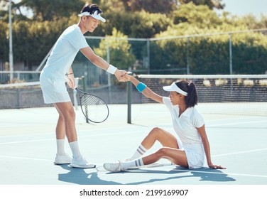 Tennis sports partner help woman get up from floor during health, fitness and exercise game on tennis court. Man and woman diversity sport partnership, teamwork or support during competition training - Powered by Shutterstock