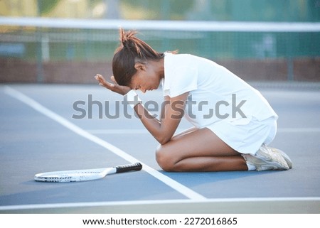 Tennis, stress and woman with depression on court after failure in match, game or competition. Mental health, anxiety and sad female athlete with headache, migraine or exhausted after sports exercise