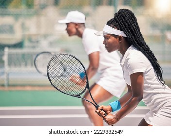 Tennis, team sport and black woman with partner on court for fitness, exercise and sport competition or game training for a club. Athlete girl and man outdoor for exercise, action and workout - Powered by Shutterstock