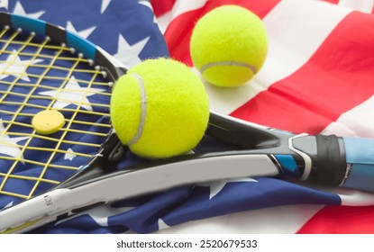 Tennis tournament: racket, balls and American flag, sports and competition concept  - Powered by Shutterstock