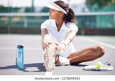 Tennis, warm up and leg stretching by black woman at court for sports, fitness and training on blurred background. Exercise, preparation and foot stretch by athletic girl player on floor before match - Powered by Shutterstock