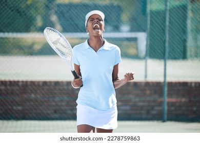 Tennis, winner and celebration of black woman on court after winning match, game or competition. Achievement, success and happy female athlete celebrate sports, workout targets or exercise goals. - Powered by Shutterstock