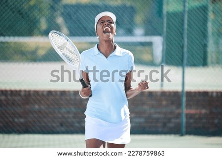 Tennis, winner and celebration of black woman on court after winning match, game or competition. Achievement, success and happy female athlete celebrate sports, workout targets or exercise goals.