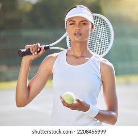 Tennis Woman, Court And Sports Portrait With Professional Athlete Thinking Of Game Strategy. Fitness Girl With Focus, Concentration And Serious Playing Championship Match Tournament.