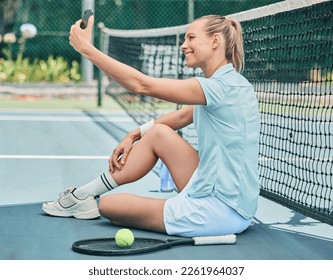 Tennis, woman and selfie at court during training, fitness and morning routine outdoors. Sports, girl and smartphone photo before match, performance or exercise, workout and smile for profile picture - Powered by Shutterstock