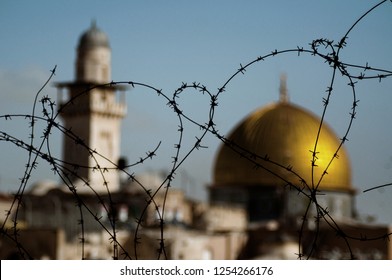 A tense atmosphere in Jerusalem, Israel.
The temple mountain behind the barbered wire.