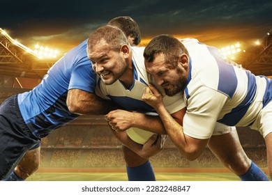 Tense moment. Three men, professional rugby player in motions,. competing at open air 3D stadium in evening. Championship. Concept of match, sport, competition, action and motion, game, cup. - Powered by Shutterstock