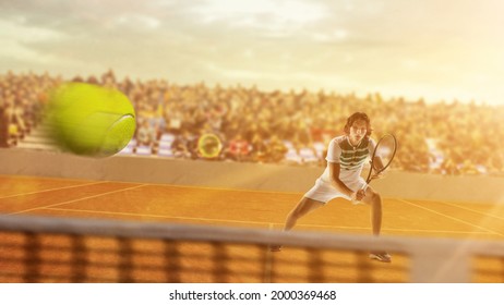 Tense Moment. Young Caucasian Male Tennis Player Playing Tennis On Court During Match. Artwork, Collage. Concept Of Action, Movement, Ad. Sport Competition With Spectators.