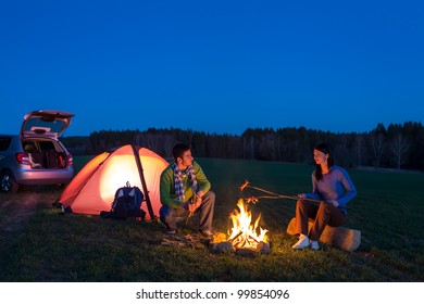 Tent Camping Car Couple Romantic Sitting By Bonfire Night Countryside