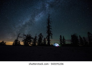 Tent Camping Under A Starry Night With A Clear View Of The Milky Way In Yosemite National Park, California.