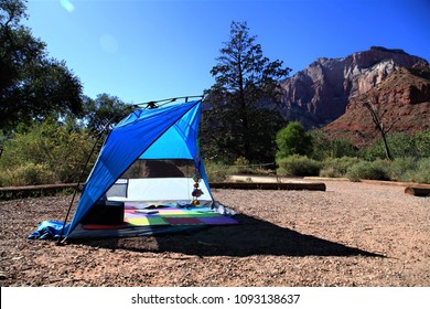 Tent Camping In Zion, Death Valley,USA,Autumn Tent Camping In Zion National Park On Blue Sky Background