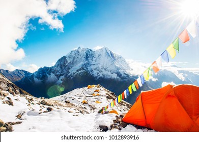 Tent In The Everest Base Camp. Mountain Peak Everest. Highest Mountain In The World. National Park, Nepal.