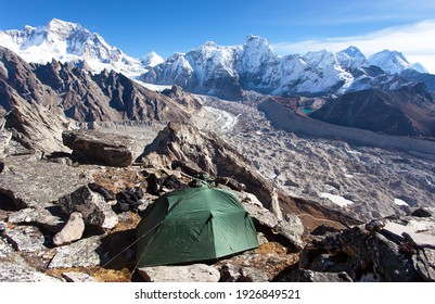 Tent In Himalayas Mountains. Mount Everest From Gokyo Peak And Ngozumba Glacier, Gokyo Valley, Nepal Himalaya Mountain 