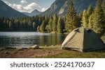 tent on the lake, forest, campsite green