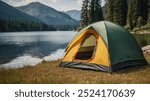 tent on the lake, forest, campsite green