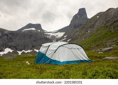 Tent On A Lawn In The Valley Of Litlefjellet, Mountains With Snow Around, Family Wild Camping In The Valley Summertime