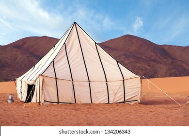 Tent In The Sahara Desert. Used For Dining. Adventure Travel.