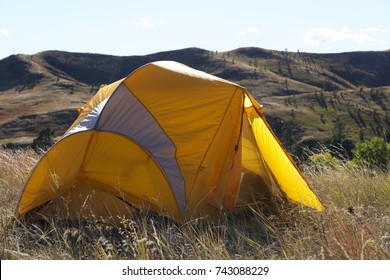 Tent Set Up In The Prairie Of Nebraska National Forest